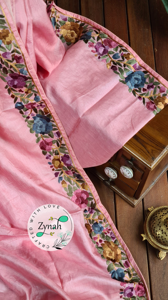 Zynah Made to Order Pure Tussar Silk Parsi Gara Handcrafted Saree; Custom Stitched/Ready-made Blouse, Fall, Petticoat; Shipping available USA, Worldwide