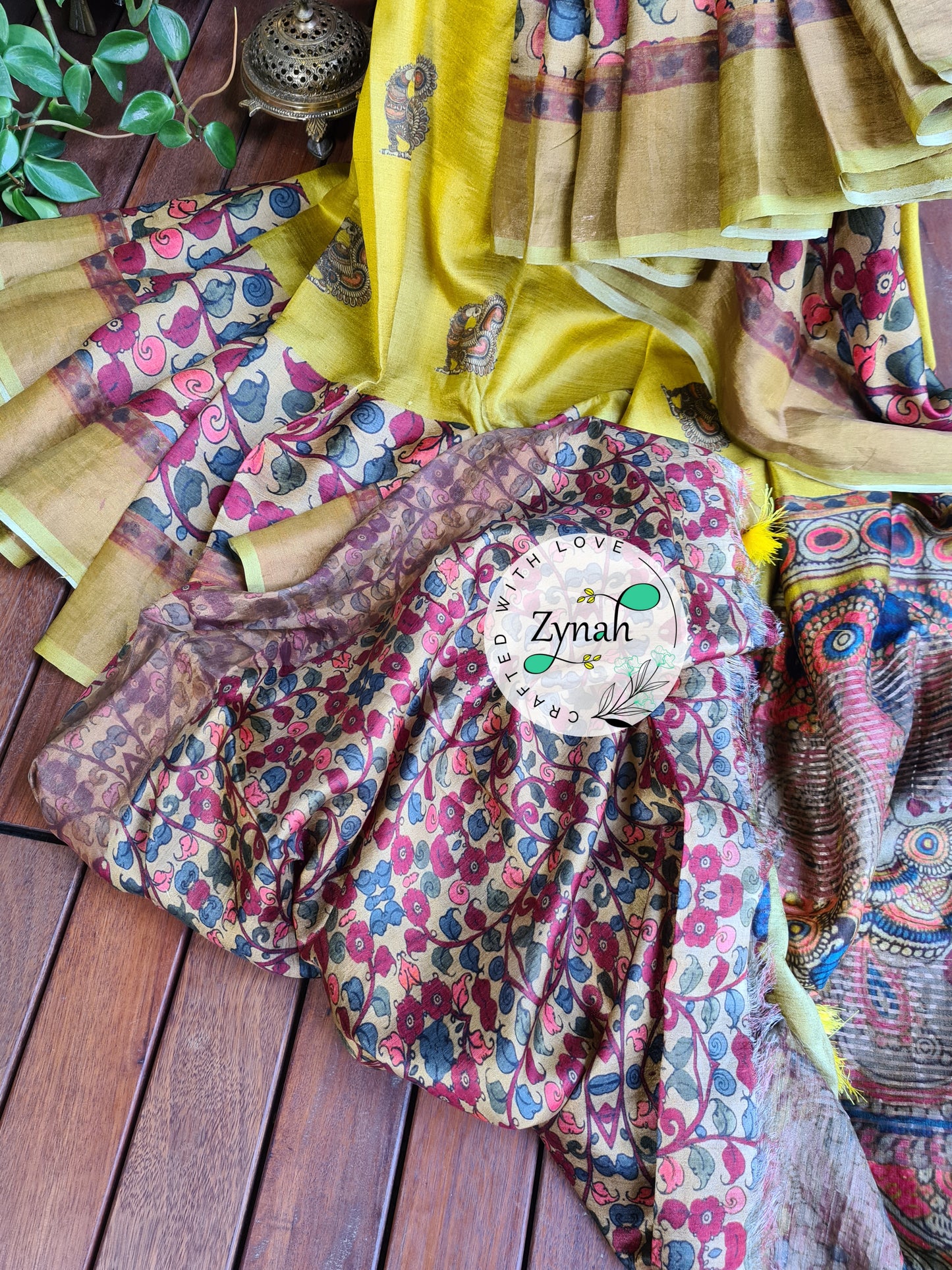 Zynah Pure Tussar Silk Saree with Digital Kalamkari Prints; Custom Stitched/Ready-made Blouse, Fall, Petticoat; Shipping available USA, Worldwide