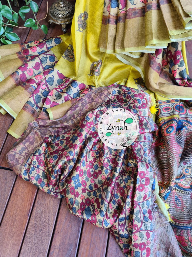 Zynah Pure Tussar Silk Saree with Digital Kalamkari Prints; Custom Stitched/Ready-made Blouse, Fall, Petticoat; Shipping available USA, Worldwide