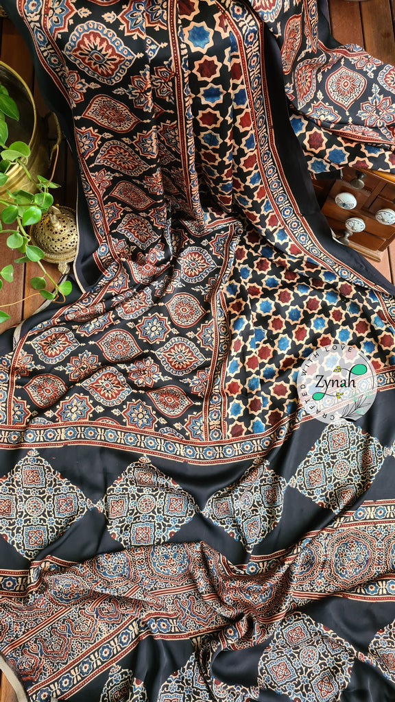 Zynah Pure Modal Silk Ajrakh Saree with Handblock Prints; Custom Stitched/Ready-made Blouse, Fall, Petticoat; Shipping available USA, Worldwide