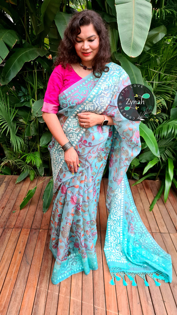 Zynah Pure Organza Silk Kalamkari Saree with Dhakai Jamdhani Thread Embroidery; Custom Stitched/Ready-made Blouse, Fall, Petticoat; Shipping available USA, Worldwide