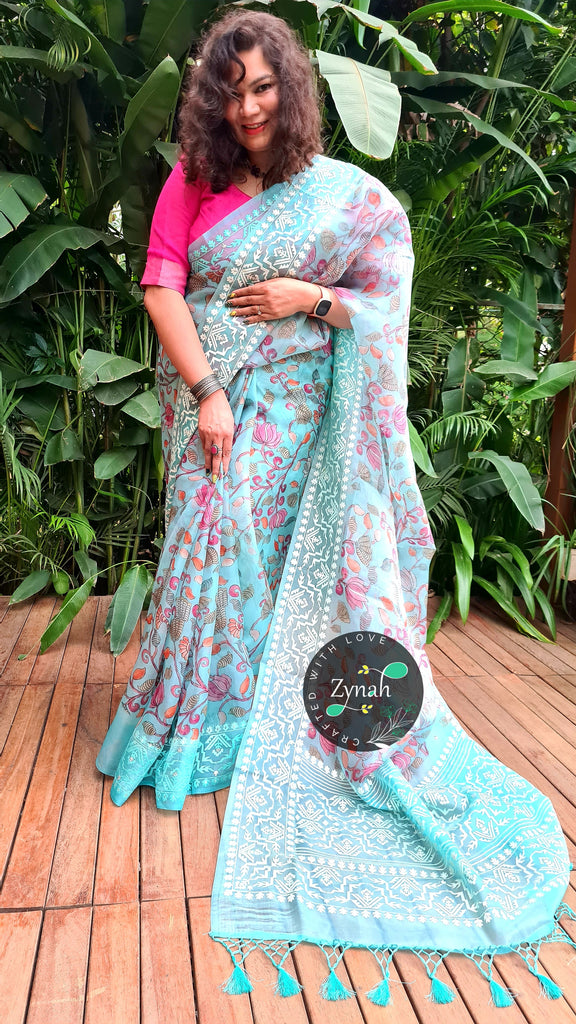 Zynah Pure Organza Silk Kalamkari Saree with Dhakai Jamdhani Thread Embroidery; Custom Stitched/Ready-made Blouse, Fall, Petticoat; Shipping available USA, Worldwide