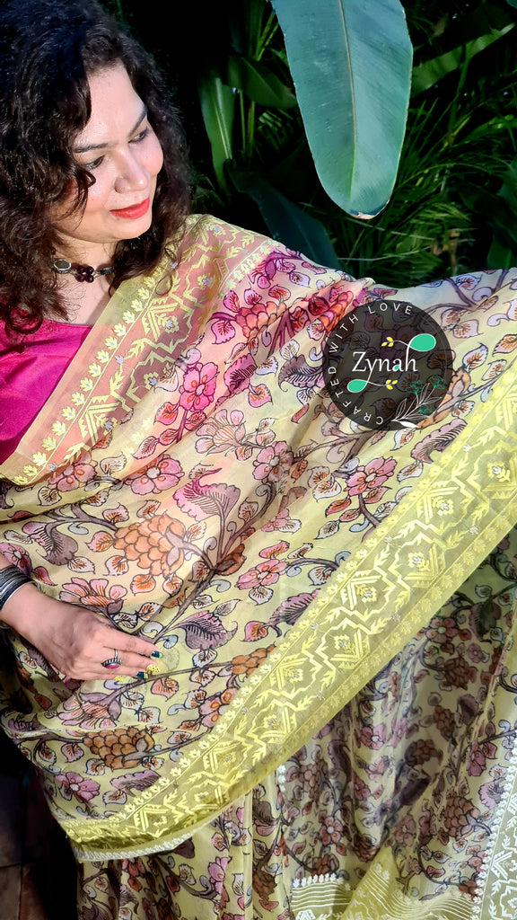 Zynah Pure Organza Silk Kalamkari Saree with Dhakai Jamdhani Thread Embroidery; Custom Stitched/Ready-made Blouse, Fall, Petticoat; Shipping available USA, Worldwide