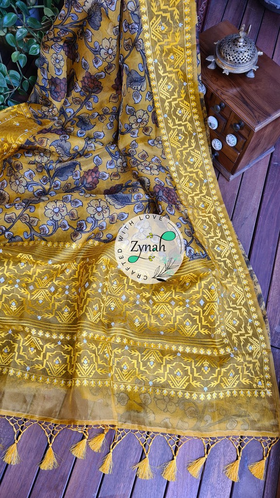 Zynah Pure Organza Silk Kalamkari Saree with Dhakai Jamdhani Thread Embroidery; Custom Stitched/Ready-made Blouse, Fall, Petticoat; Shipping available USA, Worldwide