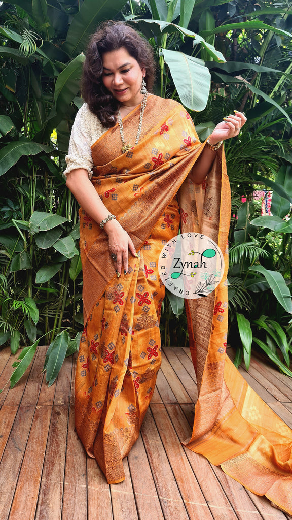Zynah Pure Tussar Silk Banarasi Patan Patola inspired Saree with Antique zari weave; Custom Stitched/Ready-made Blouse, Fall, Petticoat; Shipping available USA, Worldwide
