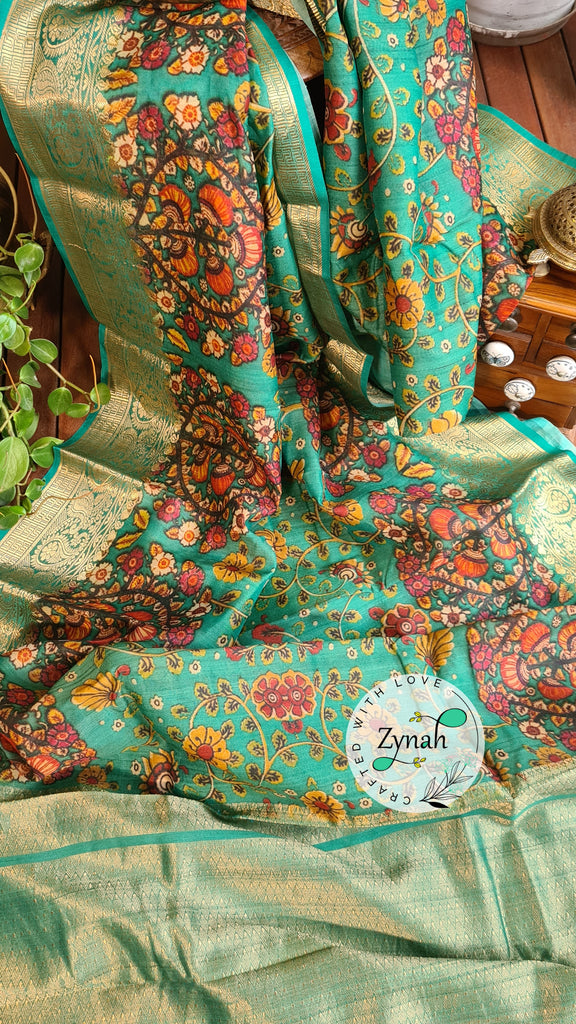 Zynah Pure Tussar Silk Banarasi Kalamkari Saree with Antique zari weave; Custom Stitched/Ready-made Blouse, Fall, Petticoat; Shipping available USA, Worldwide