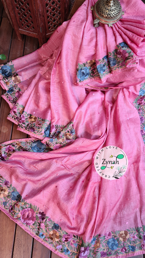 Zynah Made to Order Pure Tussar Silk Parsi Gara Handcrafted Saree; Custom Stitched/Ready-made Blouse, Fall, Petticoat; Shipping available USA, Worldwide