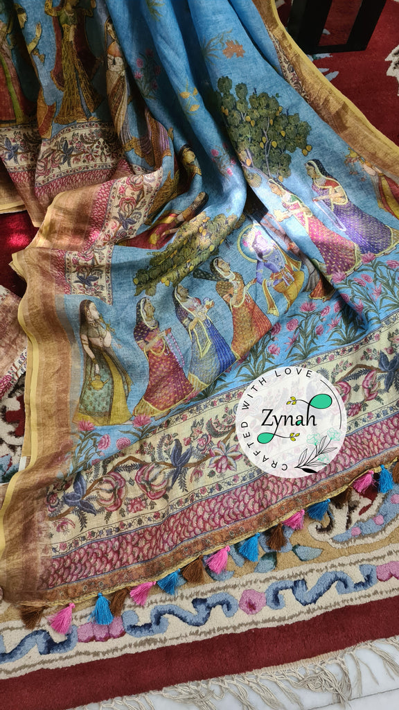 Zynah Organic Pure Linen by Linen(120c) Saree with Digital Kalamkari Prints; Custom Stitched/Ready-made Blouse, Fall, Petticoat; Shipping available USA, Worldwide