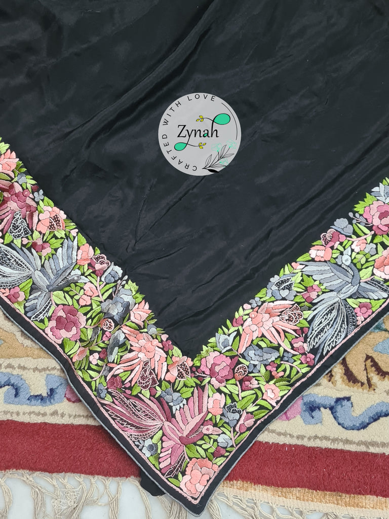 Zynah Made to Order Black Pure Crepe Silk Parsi Gara Handcrafted Saree; Custom Stitched/Ready-made Blouse, Fall, Petticoat; Shipping available USA, Worldwide