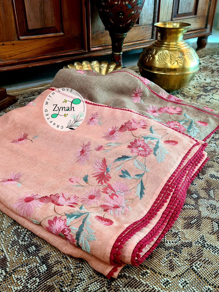 Zynah Pure Jute Muslin Embroidery Saree with Crochet lace; Custom Stitched/Ready-made Blouse, Fall, Petticoat; Shipping available USA, Worldwide