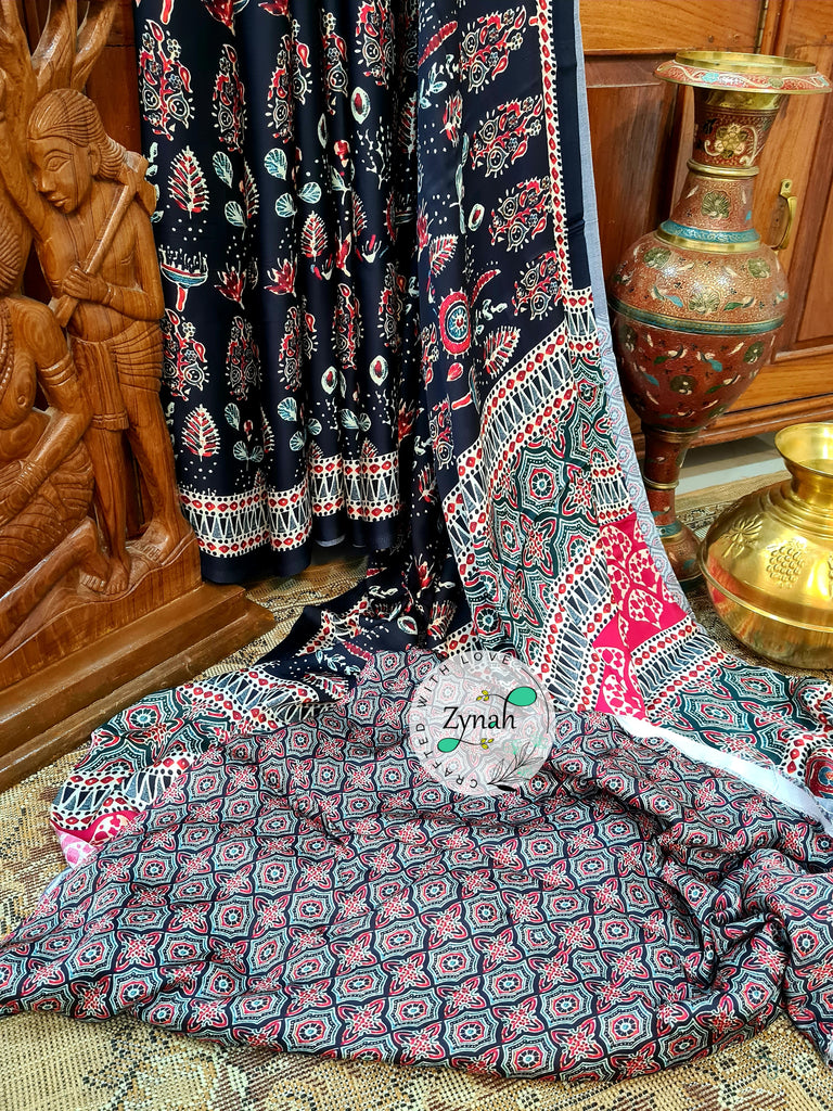 Zynah Pure Gajji Silk Ajrakh Saree with tissue zari pallu & Handblock Printed; Custom Stitched/Ready-made Blouse, Fall, Petticoat; Shipping available USA, Worldwide
