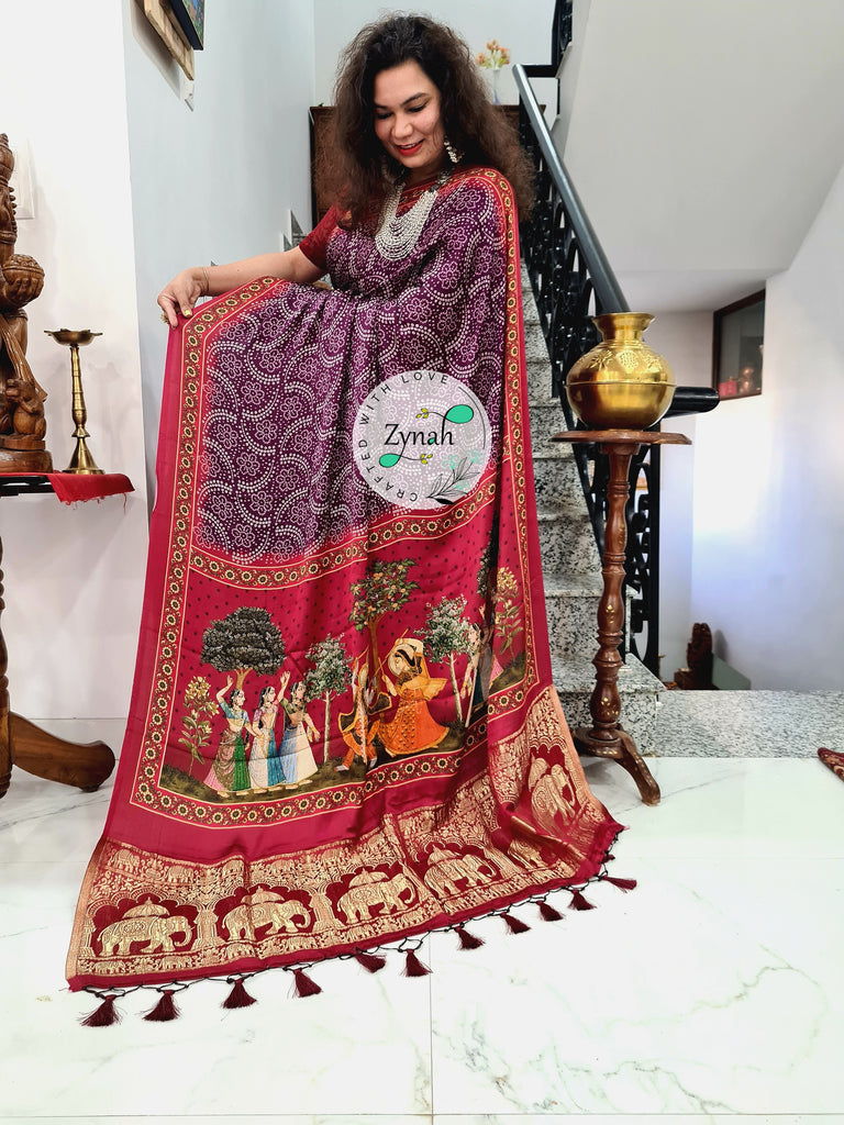 Zynah Pure Gajji Silk Saree with Bandhani & Pichwai Prints, Amdavadi Pallu; Custom Stitched/Ready-made Blouse, Fall, Petticoat; Shipping available USA, Worldwide
