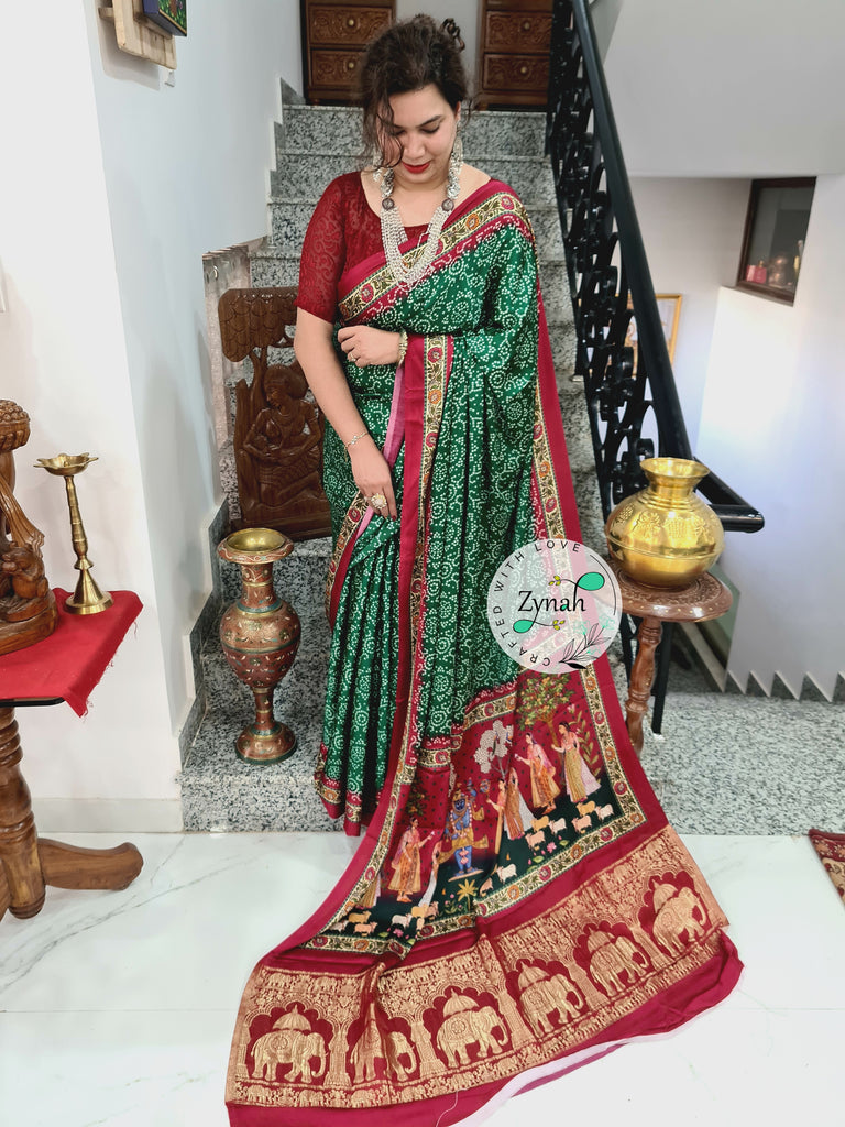 Zynah Pure Gajji Silk Saree with Bandhani & Pichwai Prints, Amdavadi Pallu; Custom Stitched/Ready-made Blouse, Fall, Petticoat; Shipping available USA, Worldwide
