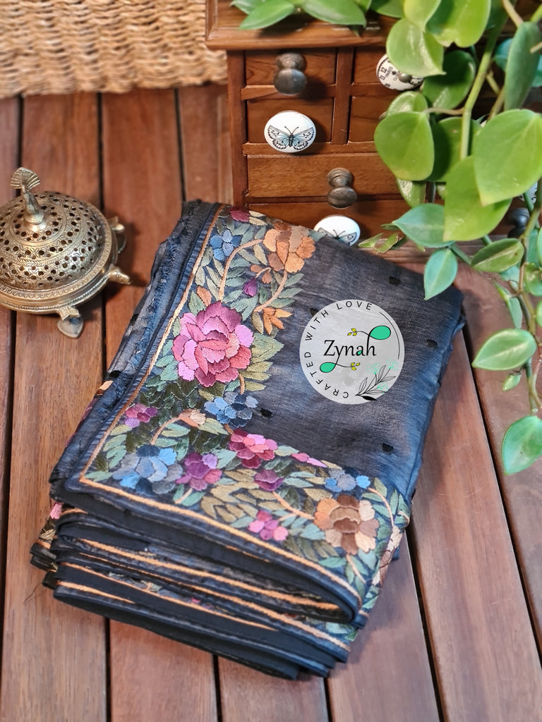 Zynah Made to Order Pure Tussar Silk Parsi Gara Handcrafted Saree; Custom Stitched/Ready-made Blouse, Fall, Petticoat; Shipping available USA, Worldwide