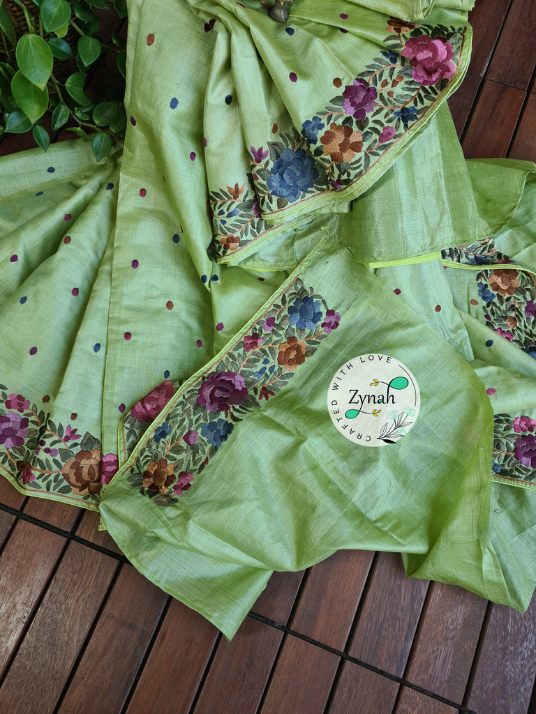 Zynah Pure Tussar Silk Parsi Gara Handcrafted Saree; Custom Stitched/Ready-made Blouse, Fall, Petticoat; Shipping available USA, Worldwide