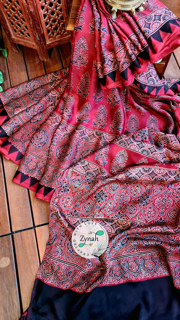 Zynah Pure Modal Silk Ajrakh Saree with Handblock Prints; Custom Stitched/Ready-made Blouse, Fall, Petticoat; Shipping available USA, Worldwide