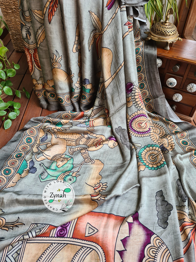 Zynah Pure Gajji Silk Tribal Kalamkari Printed Saree with Tissue Zari Pallu; Custom Stitched/Ready-made Blouse, Fall, Petticoat; Shipping available USA, Worldwide