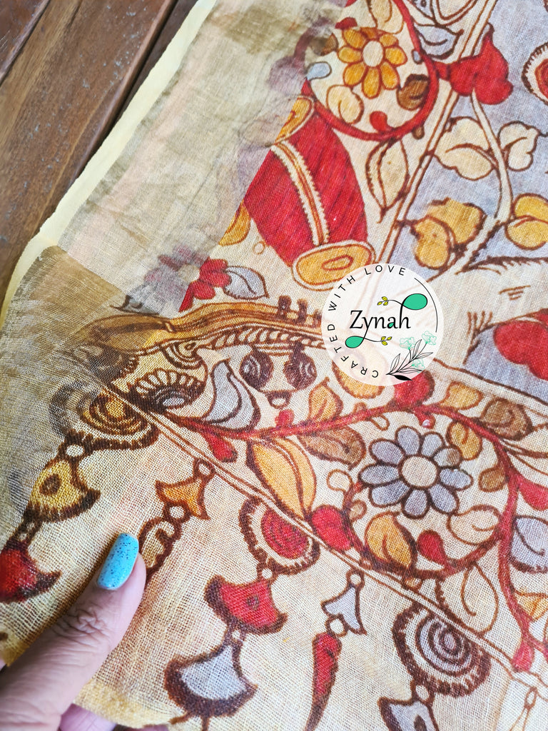 Zynah Kalamkari Organic Lab Tested 120 Count pure 'Linen by Linen' Saree; Custom Stitched/Ready-made Blouse, Fall, Petticoat; Shipping available USA, Worldwide