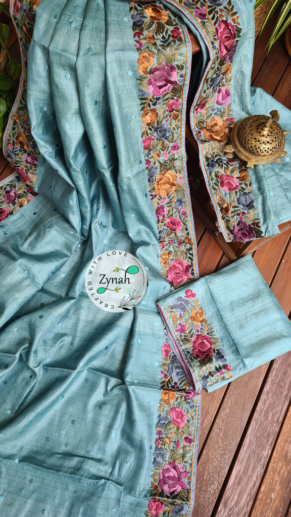 Zynah Made to Order Pure Tussar Silk Parsi Gara Handcrafted Saree; Custom Stitched/Ready-made Blouse, Fall, Petticoat; Shipping available USA, Worldwide