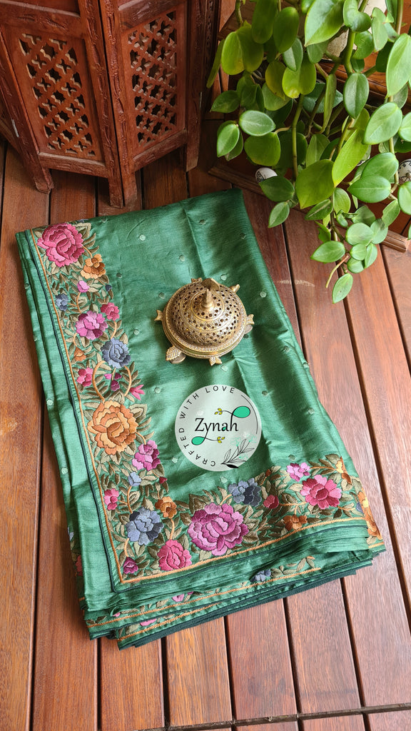Zynah Made to Order Pure Tussar Silk Parsi Gara Handcrafted Saree; Custom Stitched/Ready-made Blouse, Fall, Petticoat; Shipping available USA, Worldwide