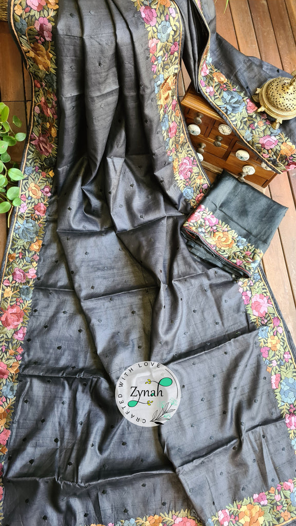 Zynah Made to Order Pure Tussar Silk Parsi Gara Handcrafted Saree; Custom Stitched/Ready-made Blouse, Fall, Petticoat; Shipping available USA, Worldwide
