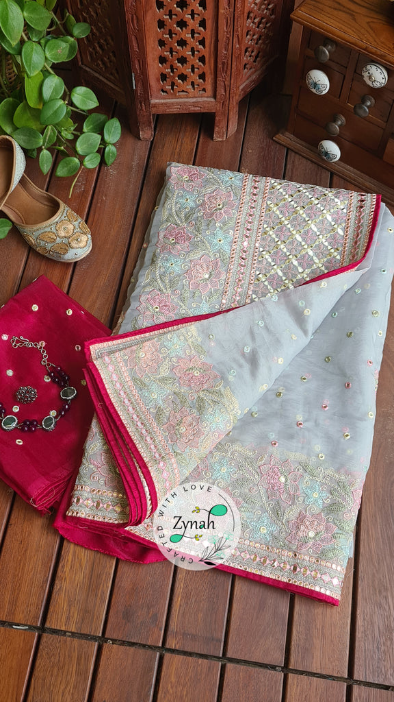 Zynah Pure Organza Silk Saree with Foil Mirror Work & Thread Embroidery; Custom Stitched/Ready-made Blouse, Fall, Petticoat; Shipping available USA, Worldwide
