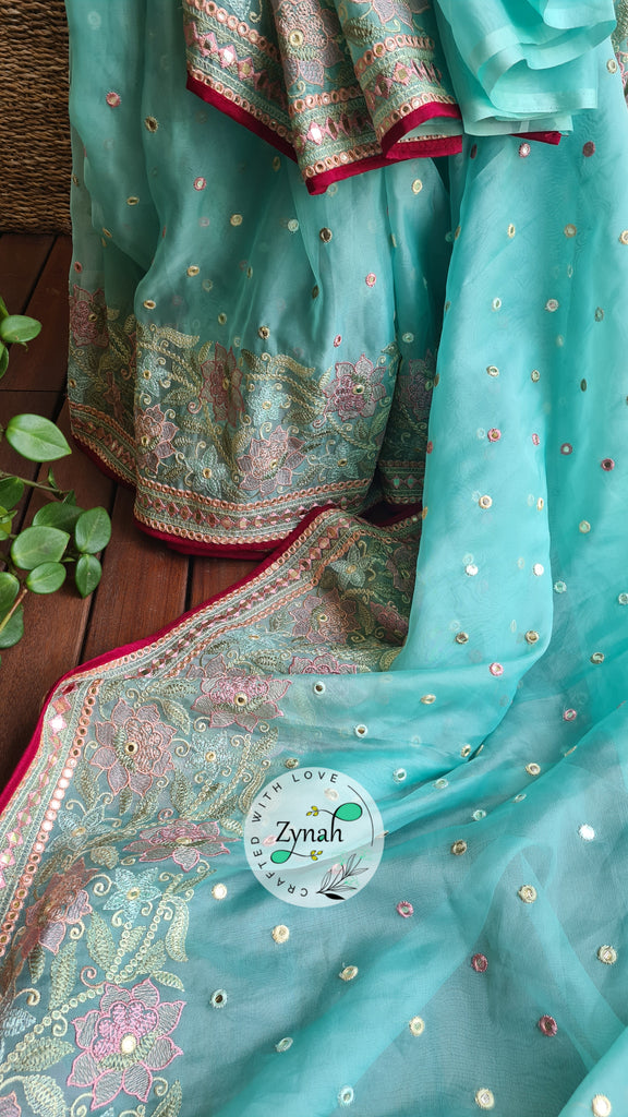 Zynah Pure Organza Silk Saree with Foil Mirror Work & Thread Embroidery; Custom Stitched/Ready-made Blouse, Fall, Petticoat; Shipping available USA, Worldwide