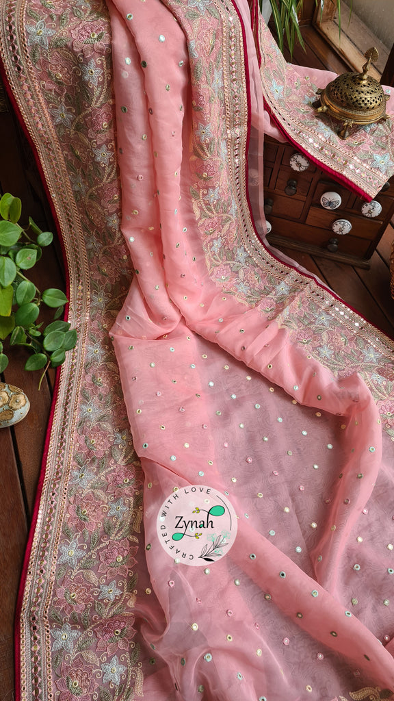 Zynah Pure Organza Silk Saree with Foil Mirror Work & Thread Embroidery; Custom Stitched/Ready-made Blouse, Fall, Petticoat; Shipping available USA, Worldwide