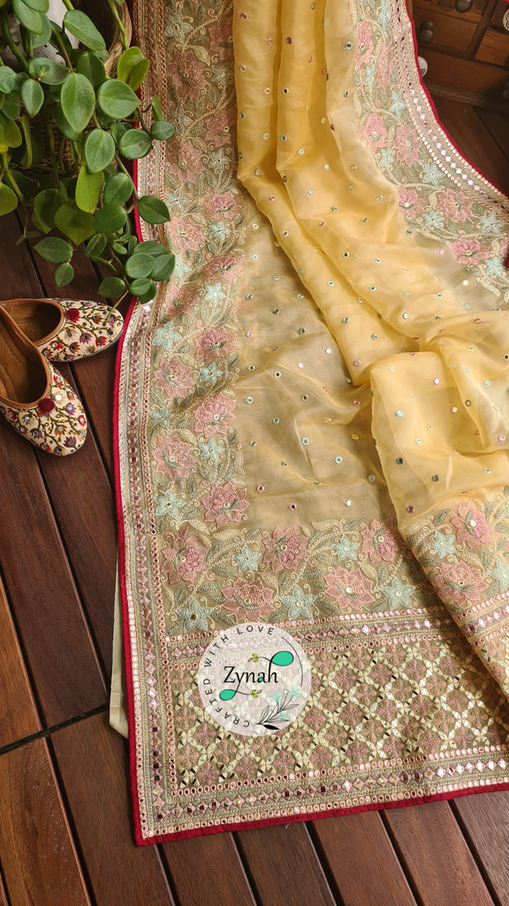 Zynah Pure Organza Silk Saree with Foil Mirror Work & Thread Embroidery; Custom Stitched/Ready-made Blouse, Fall, Petticoat; Shipping available USA, Worldwide