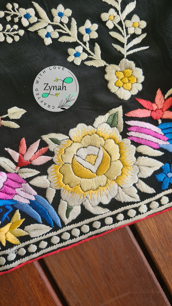 Zynah Pure Crepe Silk Parsi Gara Handcrafted Saree; Custom Stitched/Ready-made Blouse, Fall, Petticoat; Shipping available USA, Worldwide