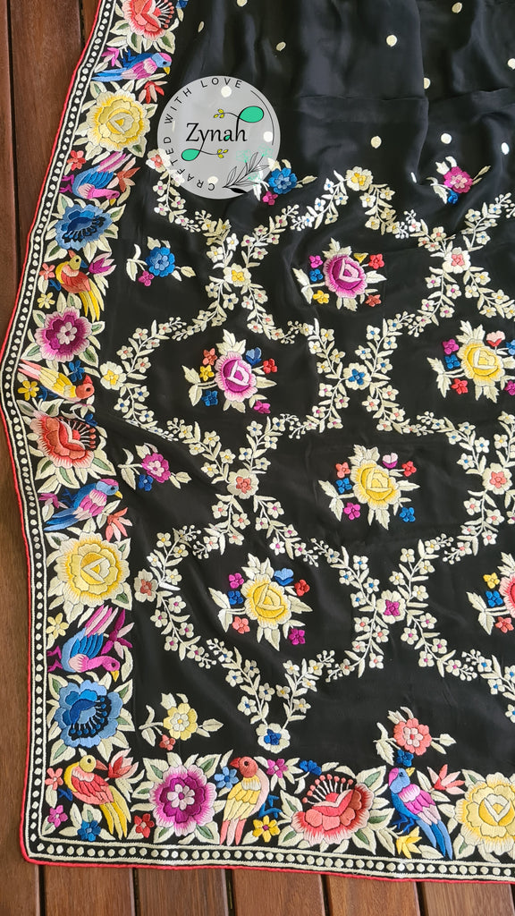 Zynah Pure Crepe Silk Parsi Gara Handcrafted Saree; Custom Stitched/Ready-made Blouse, Fall, Petticoat; Shipping available USA, Worldwide