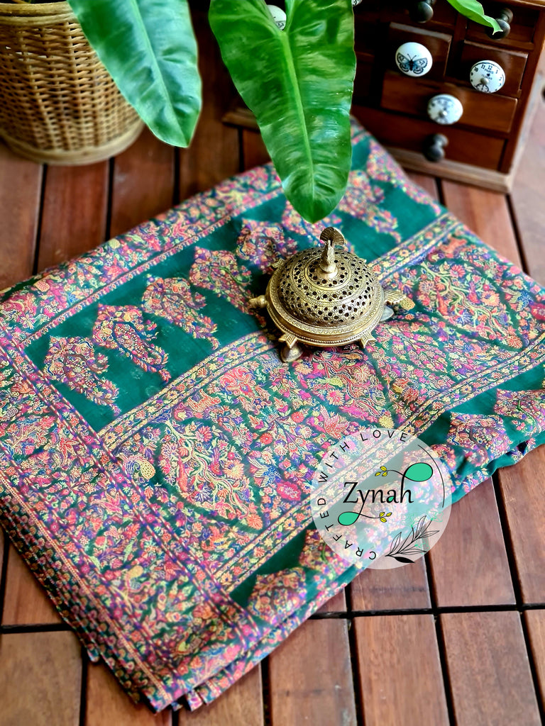 Zynah Green Kashmiri Pure Kani Silk Jamavar Saree | Kashmiri Traditional Pashmina Pure Silk Kani Saree; Custom Stitched/Ready-made Blouse, Fall, Petticoat; SKU: 0903202206