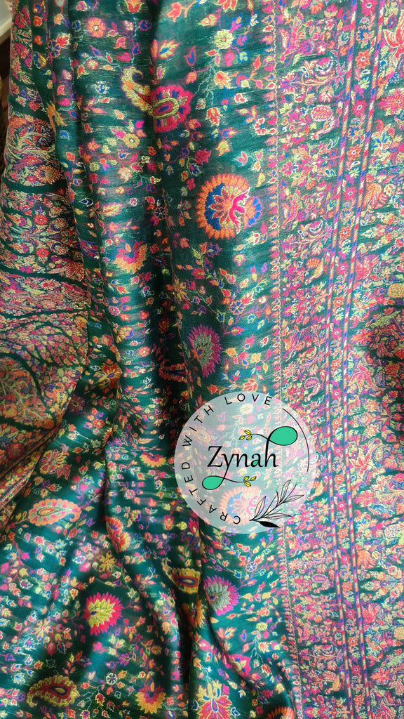 Zynah Green Kashmiri Pure Kani Silk Jamavar Saree | Kashmiri Traditional Pashmina Pure Silk Kani Saree; Custom Stitched/Ready-made Blouse, Fall, Petticoat; SKU: 0903202206