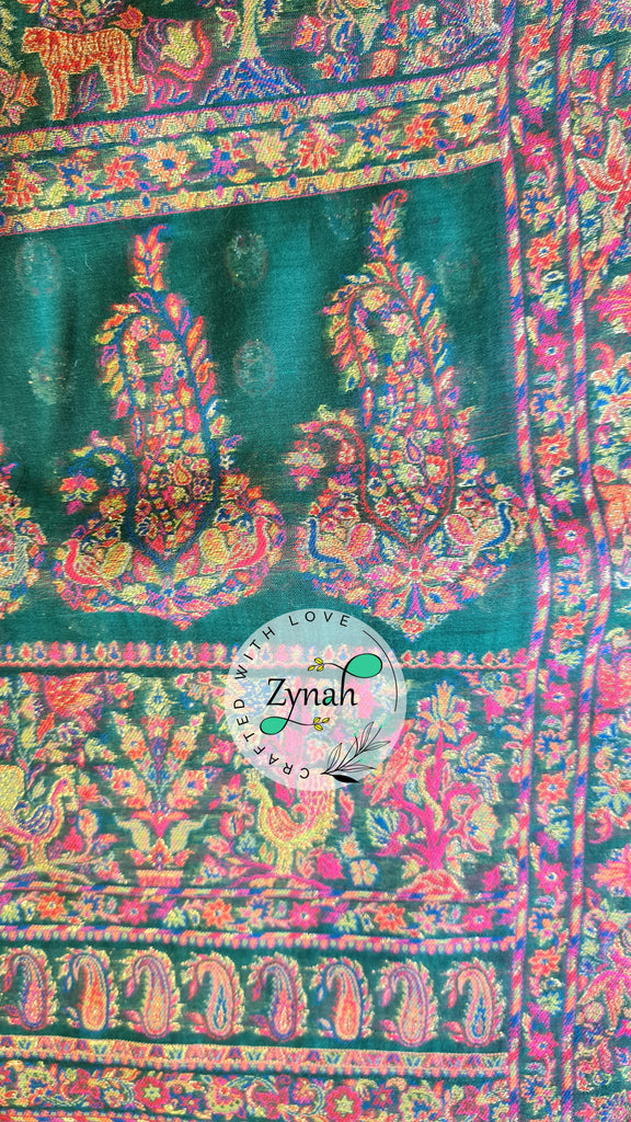 Zynah Green Kashmiri Pure Kani Silk Jamavar Saree | Kashmiri Traditional Pashmina Pure Silk Kani Saree; Custom Stitched/Ready-made Blouse, Fall, Petticoat; SKU: 0903202206