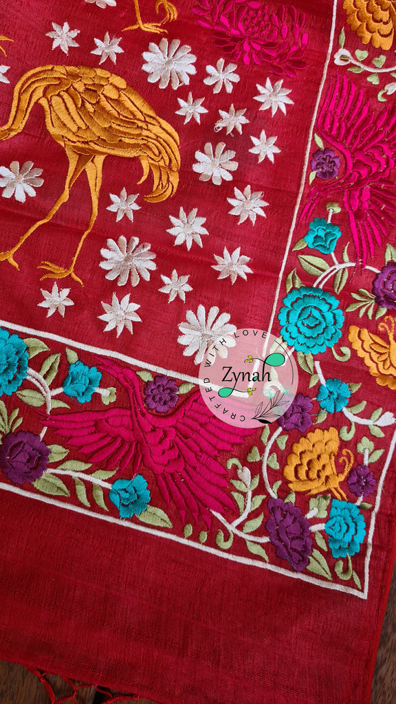 Zynah Pure Tussar Silk Parsi work Inspired Saree, Flamingo Bird Motifs; Custom Stitched/Ready-made Blouse, Fall, Petticoat; Shipping available USA, Worldwide