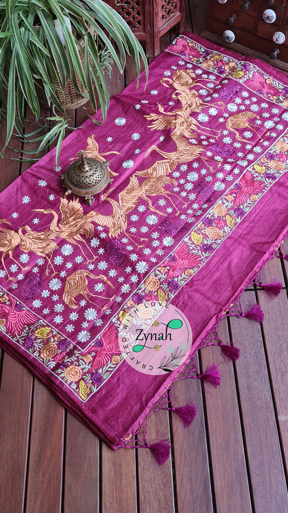 Zynah Pure Tussar Silk Parsi work Inspired Saree, Flamingo Bird Motifs; Custom Stitched/Ready-made Blouse, Fall, Petticoat; Shipping available USA, Worldwide