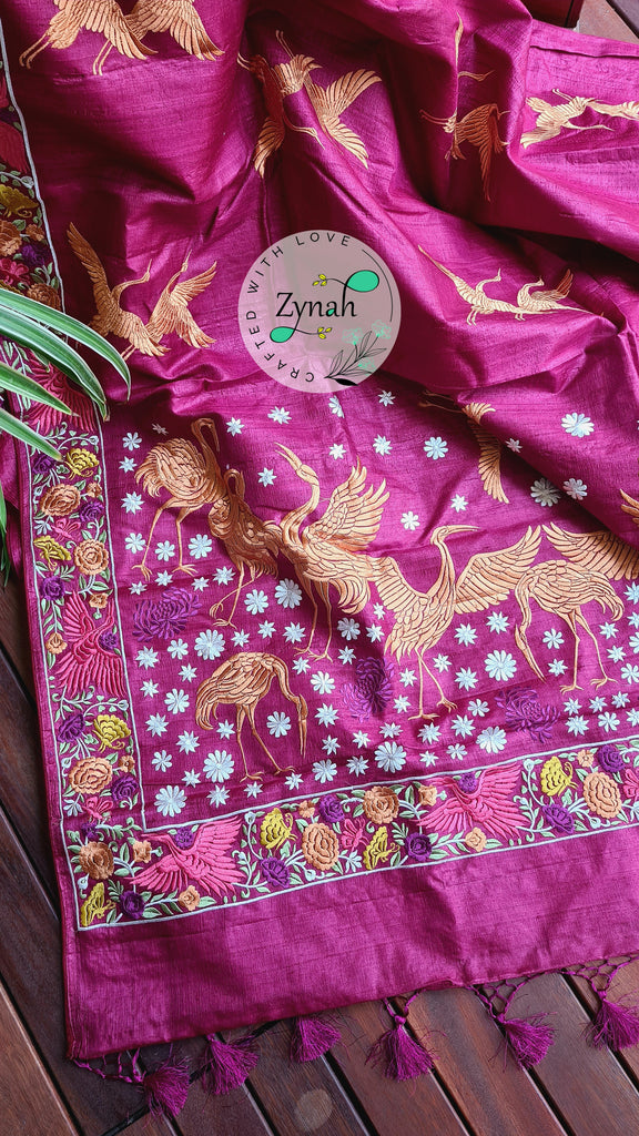 Zynah Pure Tussar Silk Parsi work Inspired Saree, Flamingo Bird Motifs; Custom Stitched/Ready-made Blouse, Fall, Petticoat; Shipping available USA, Worldwide