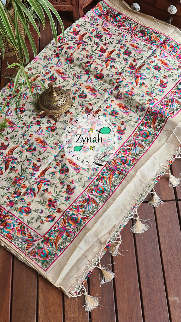 Zynah Pure Tussar Silk Parsi work Inspired Saree, Flamingo Bird Motifs; Custom Stitched/Ready-made Blouse, Fall, Petticoat; Shipping available USA, Worldwide