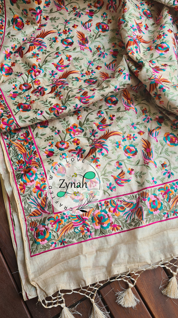 Zynah Pure Tussar Silk Parsi work Inspired Saree, Flamingo Bird Motifs; Custom Stitched/Ready-made Blouse, Fall, Petticoat; Shipping available USA, Worldwide