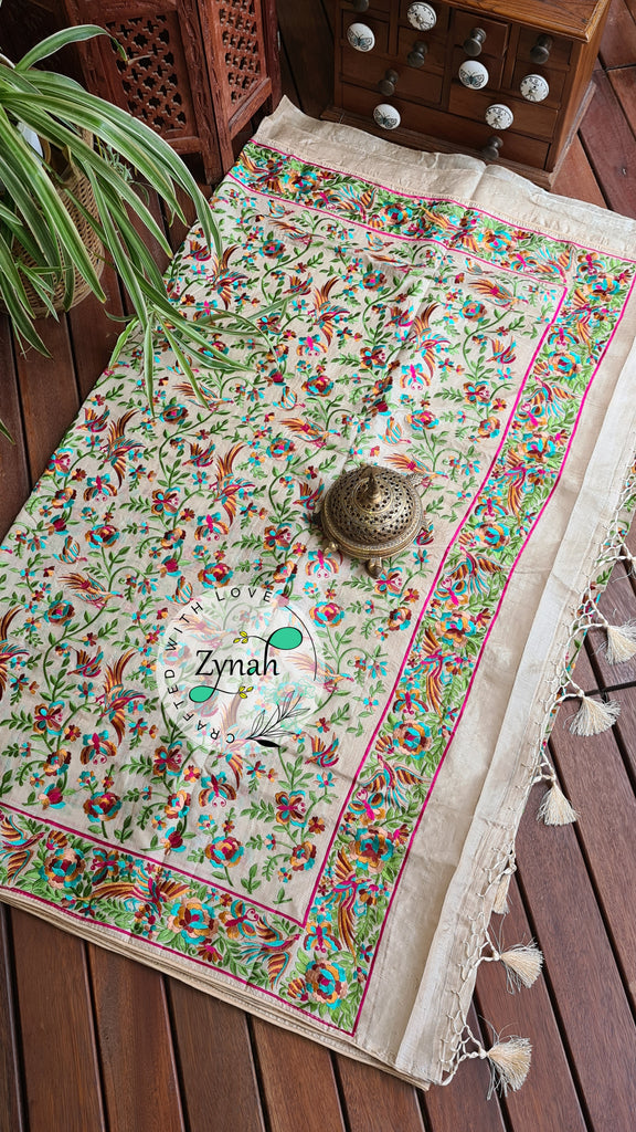 Zynah Pure Tussar Silk Parsi work Inspired Saree, Flamingo Bird Motifs; Custom Stitched/Ready-made Blouse, Fall, Petticoat; Shipping available USA, Worldwide