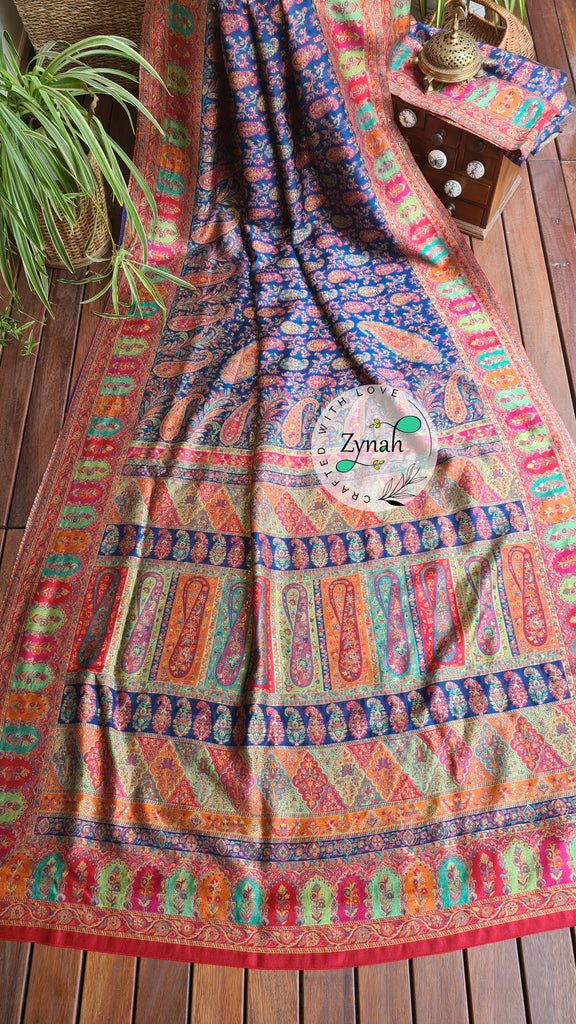 Zynah Blue & Orange Kashmiri Pure Kani Silk Jamavar Saree | Kashmiri Traditional Pashmina Pure Silk Kani Saree; Custom Stitched/Ready-made Blouse, Fall, Petticoat; SKU: 2103202201