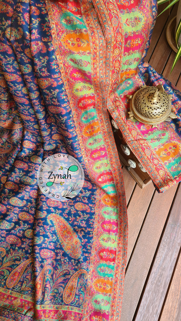 Zynah Blue & Orange Kashmiri Pure Kani Silk Jamavar Saree | Kashmiri Traditional Pashmina Pure Silk Kani Saree; Custom Stitched/Ready-made Blouse, Fall, Petticoat; SKU: 2103202201