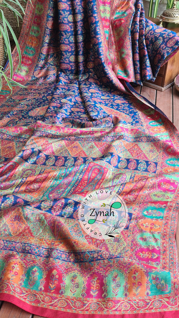 Zynah Blue & Orange Kashmiri Pure Kani Silk Jamavar Saree | Kashmiri Traditional Pashmina Pure Silk Kani Saree; Custom Stitched/Ready-made Blouse, Fall, Petticoat; SKU: 2103202201