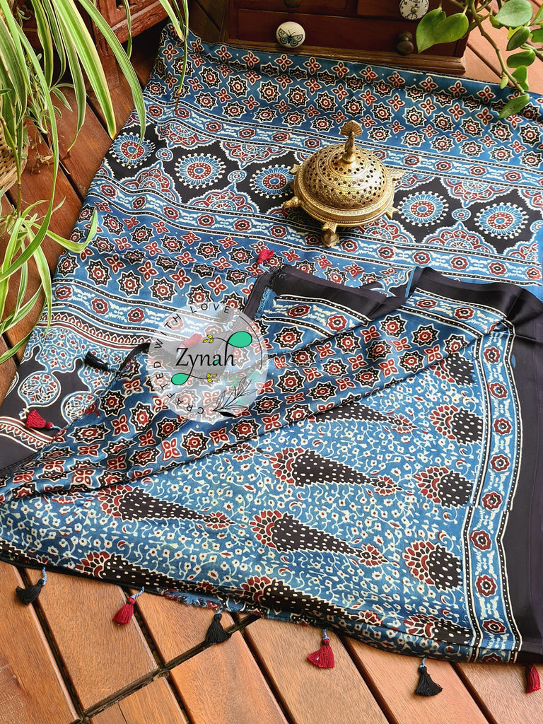 Zynah Pure Modal Silk Ajrakh Saree with Handblock Prints; Custom Stitched/Ready-made Blouse, Fall, Petticoat; Shipping available USA, Worldwide