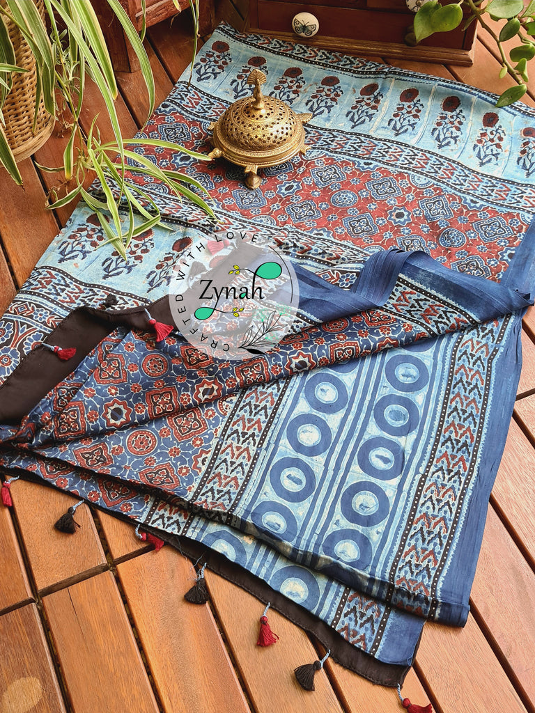 Zynah Pure Modal Silk Ajrakh Saree with Handblock Prints; Custom Stitched/Ready-made Blouse, Fall, Petticoat; Shipping available USA, Worldwide