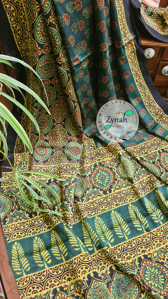 Zynah Pure Modal Silk Ajrakh Saree with Handblock Prints; Custom Stitched/Ready-made Blouse, Fall, Petticoat; Shipping available USA, Worldwide