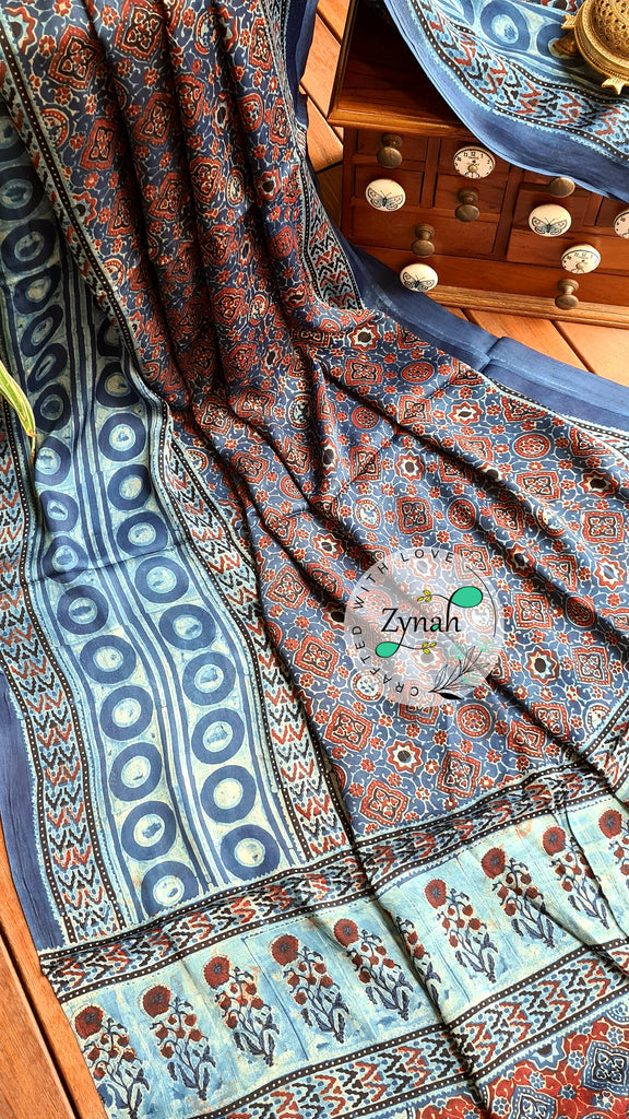 Zynah Pure Modal Silk Ajrakh Saree with Handblock Prints; Custom Stitched/Ready-made Blouse, Fall, Petticoat; Shipping available USA, Worldwide