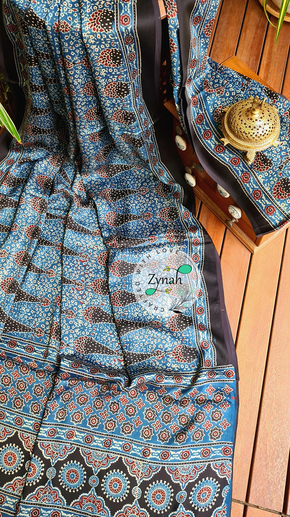 Zynah Pure Modal Silk Ajrakh Saree with Handblock Prints; Custom Stitched/Ready-made Blouse, Fall, Petticoat; Shipping available USA, Worldwide