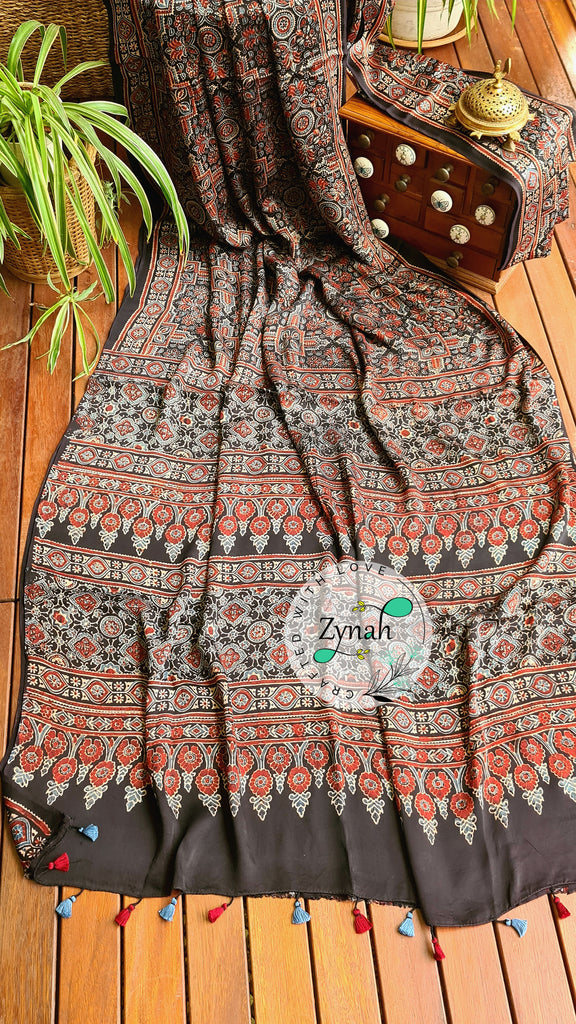 Zynah Pure Modal Silk Ajrakh Saree with Handblock Prints; Custom Stitched/Ready-made Blouse, Fall, Petticoat; Shipping available USA, Worldwide