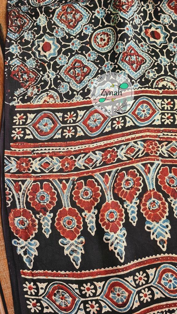 Zynah Pure Modal Silk Ajrakh Saree with Handblock Prints; Custom Stitched/Ready-made Blouse, Fall, Petticoat; Shipping available USA, Worldwide